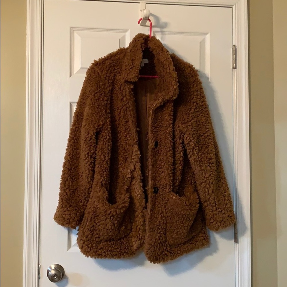 Brown Fuzzy Jacket with Pockets